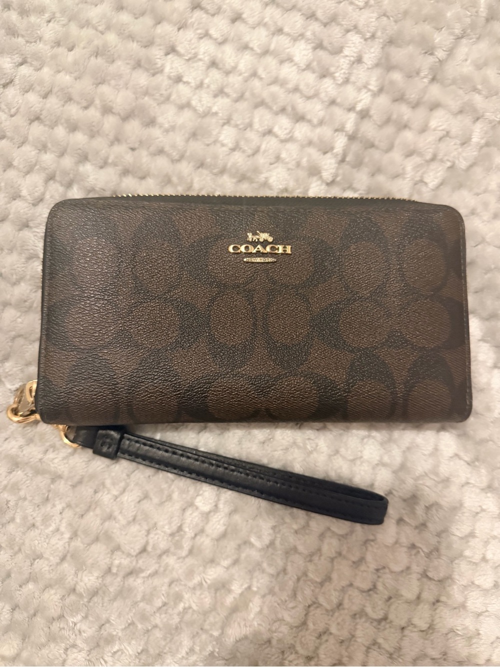 Coach Brown Signature Zip-Around Wristlet with Black Strap